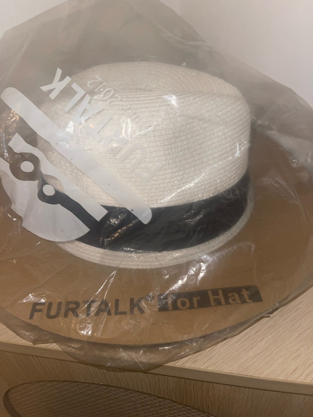 FURTALK White Straw Fedora with Black Band